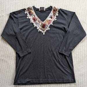 VTG Cervelle Blouse Lace V Neck Pullover Shirt LARGE Long Sleeve 90s Top Black